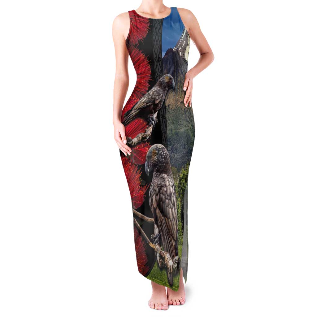 New Zealand Kea And Pohutukawa Family Matching Tank Maxi Dress and Hawaiian Shirt With The Mountain Landscape LT03 Mom's Dress Black - Polynesian Pride