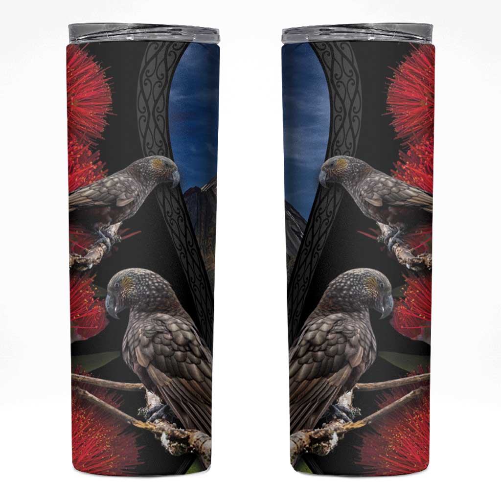 New Zealand Kea And Pohutukawa Skinny Tumbler With The Mountain Landscape LT03 Black - Polynesian Pride