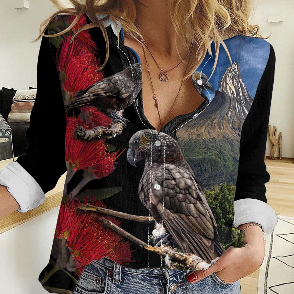 New Zealand Kea And Pohutukawa Women Casual Shirt With The Mountain Landscape LT03 Female Black - Polynesian Pride