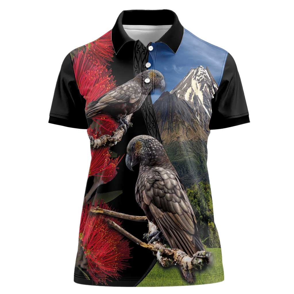 New Zealand Kea And Pohutukawa Women Polo Shirt With The Mountain Landscape LT03 Female Black - Polynesian Pride