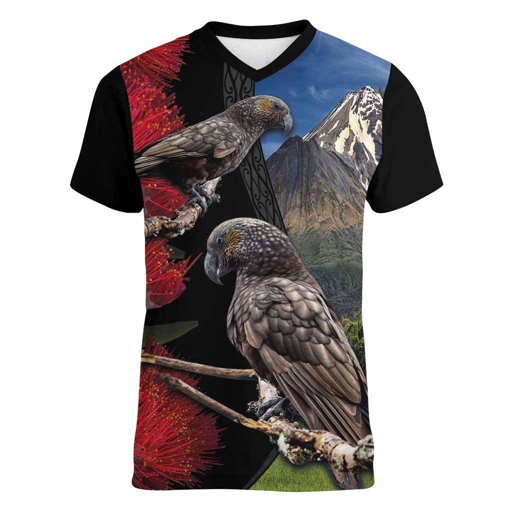 New Zealand Kea And Pohutukawa Women V-Neck T-Shirt With The Mountain Landscape