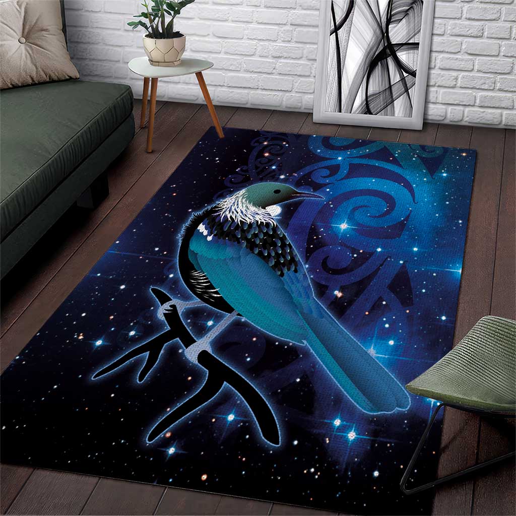 New Zealand Tui Bird Area Rug The Pleiades Star Cluster and Koru Tribal Tattoo Galaxy Vibe LT03 Blue - Polynesian Pride