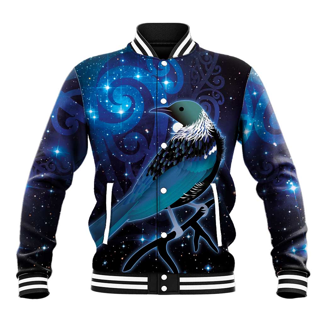 New Zealand Tui Bird Baseball Jacket The Pleiades Star Cluster and Koru Tribal Tattoo Galaxy Vibe LT03 Unisex Blue - Polynesian Pride