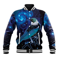 New Zealand Tui Bird Baseball Jacket The Pleiades Star Cluster and Koru Tribal Tattoo Galaxy Vibe LT03 Unisex Blue - Polynesian Pride
