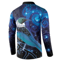 New Zealand Tui Bird Button Sweatshirt The Pleiades Star Cluster and Koru Tribal Tattoo Galaxy Vibe