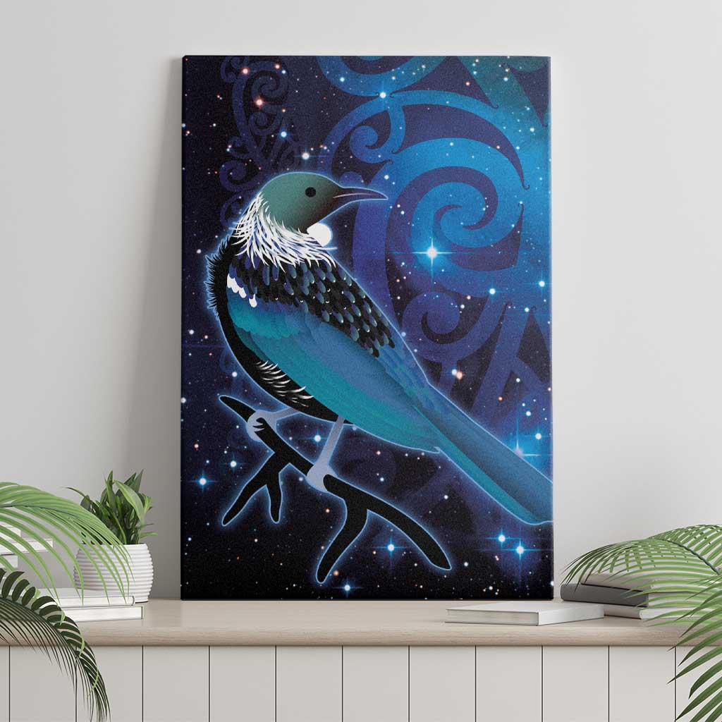 New Zealand Tui Bird Canvas Wall Art The Pleiades Star Cluster and Koru Tribal Tattoo Galaxy Vibe LT03 - Polynesian Pride