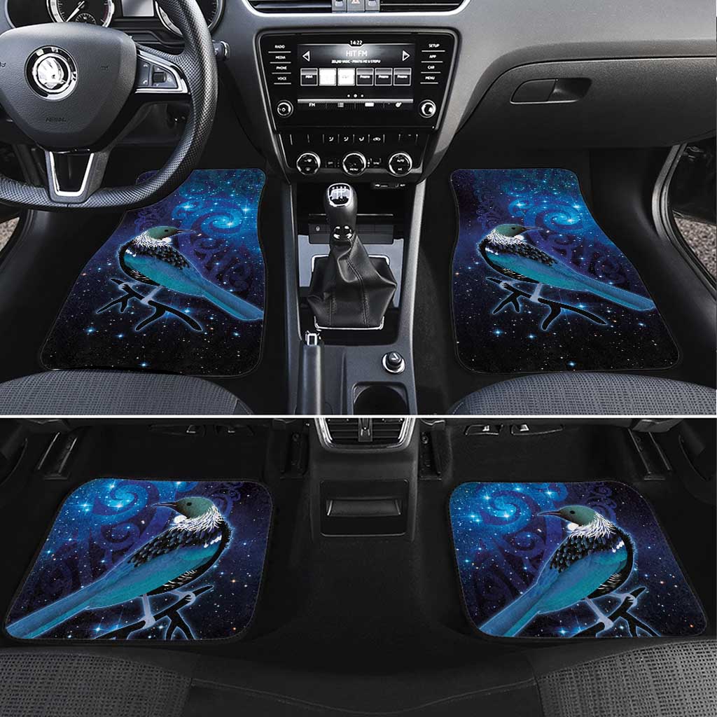 New Zealand Tui Bird Car Mats The Pleiades Star Cluster and Koru Tribal Tattoo Galaxy Vibe LT03 Set 4pcs Blue - Polynesian Pride