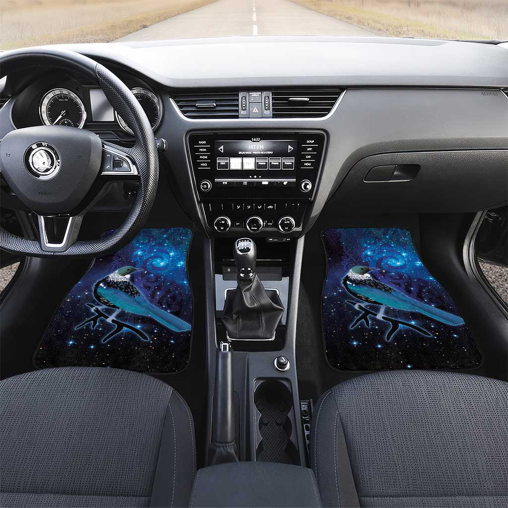 New Zealand Tui Bird Car Mats The Pleiades Star Cluster and Koru Tribal Tattoo Galaxy Vibe LT03 Set 2pcs - Front Blue - Polynesian Pride