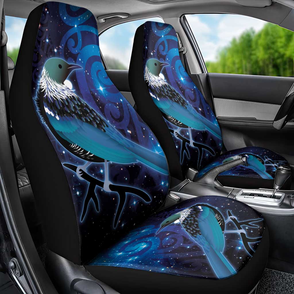 New Zealand Tui Bird Car Seat Cover The Pleiades Star Cluster and Koru Tribal Tattoo Galaxy Vibe LT03 - Polynesian Pride