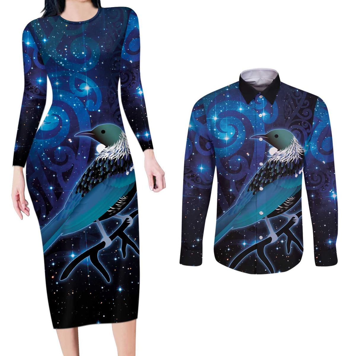 New Zealand Tui Bird Couples Matching Long Sleeve Bodycon Dress and Long Sleeve Button Shirt The Pleiades Star Cluster and Koru Tribal Tattoo Galaxy Vibe LT03 Blue - Polynesian Pride