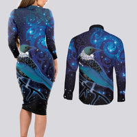New Zealand Tui Bird Couples Matching Long Sleeve Bodycon Dress and Long Sleeve Button Shirt The Pleiades Star Cluster and Koru Tribal Tattoo Galaxy Vibe LT03 - Polynesian Pride