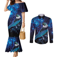 New Zealand Tui Bird Couples Matching Mermaid Dress and Long Sleeve Button Shirt The Pleiades Star Cluster and Koru Tribal Tattoo Galaxy Vibe LT03 Blue - Polynesian Pride
