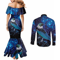 New Zealand Tui Bird Couples Matching Mermaid Dress and Long Sleeve Button Shirt The Pleiades Star Cluster and Koru Tribal Tattoo Galaxy Vibe LT03 - Polynesian Pride