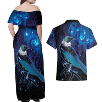 New Zealand Tui Bird Couples Matching Off Shoulder Maxi Dress and Hawaiian Shirt The Pleiades Star Cluster and Koru Tribal Tattoo Galaxy Vibe LT03 - Polynesian Pride