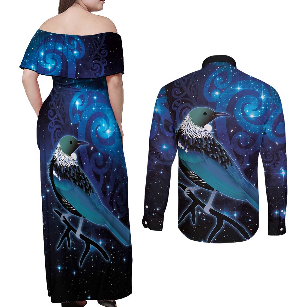 New Zealand Tui Bird Couples Matching Off Shoulder Maxi Dress and Long Sleeve Button Shirt The Pleiades Star Cluster and Koru Tribal Tattoo Galaxy Vibe LT03 - Polynesian Pride