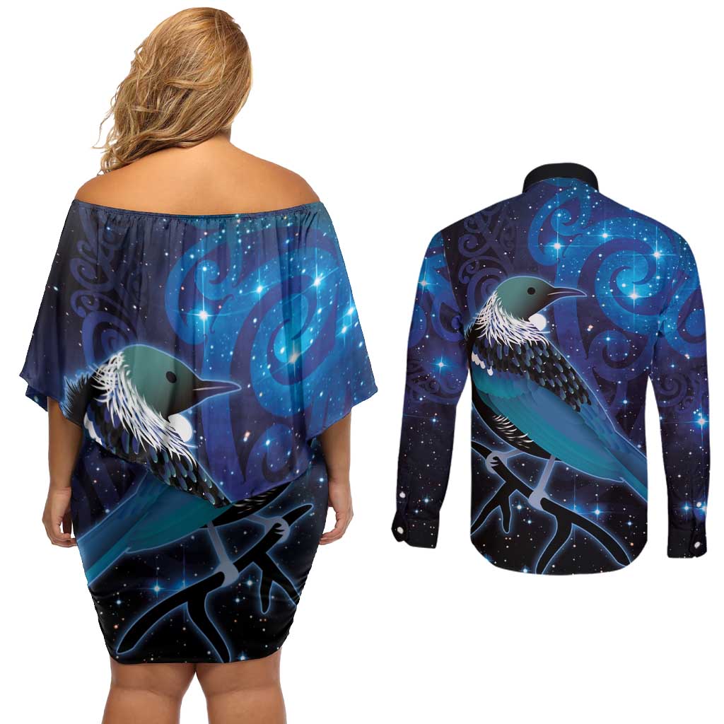 New Zealand Tui Bird Couples Matching Off Shoulder Short Dress and Long Sleeve Button Shirt The Pleiades Star Cluster and Koru Tribal Tattoo Galaxy Vibe LT03 - Polynesian Pride