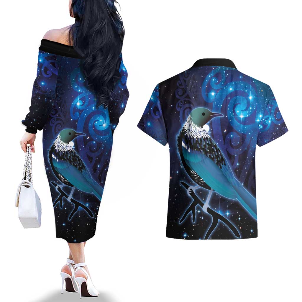 New Zealand Tui Bird Couples Matching Off The Shoulder Long Sleeve Dress and Hawaiian Shirt The Pleiades Star Cluster and Koru Tribal Tattoo Galaxy Vibe LT03 - Polynesian Pride