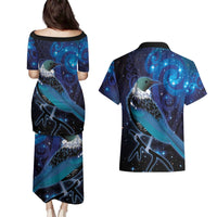 New Zealand Tui Bird Couples Matching Puletasi and Hawaiian Shirt The Pleiades Star Cluster and Koru Tribal Tattoo Galaxy Vibe LT03 - Polynesian Pride