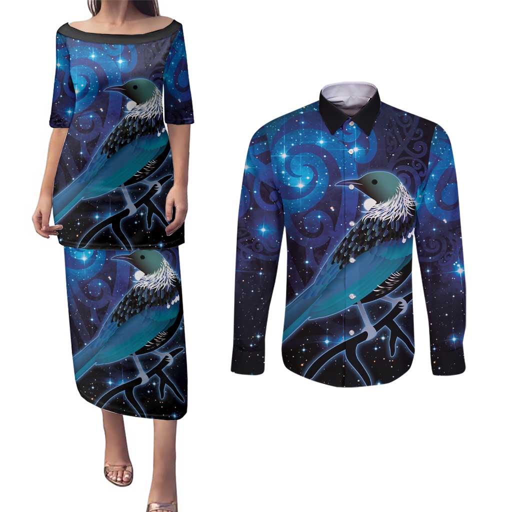 New Zealand Tui Bird Couples Matching Puletasi and Long Sleeve Button Shirt The Pleiades Star Cluster and Koru Tribal Tattoo Galaxy Vibe LT03 Blue - Polynesian Pride
