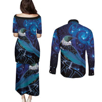 New Zealand Tui Bird Couples Matching Puletasi and Long Sleeve Button Shirt The Pleiades Star Cluster and Koru Tribal Tattoo Galaxy Vibe LT03 - Polynesian Pride