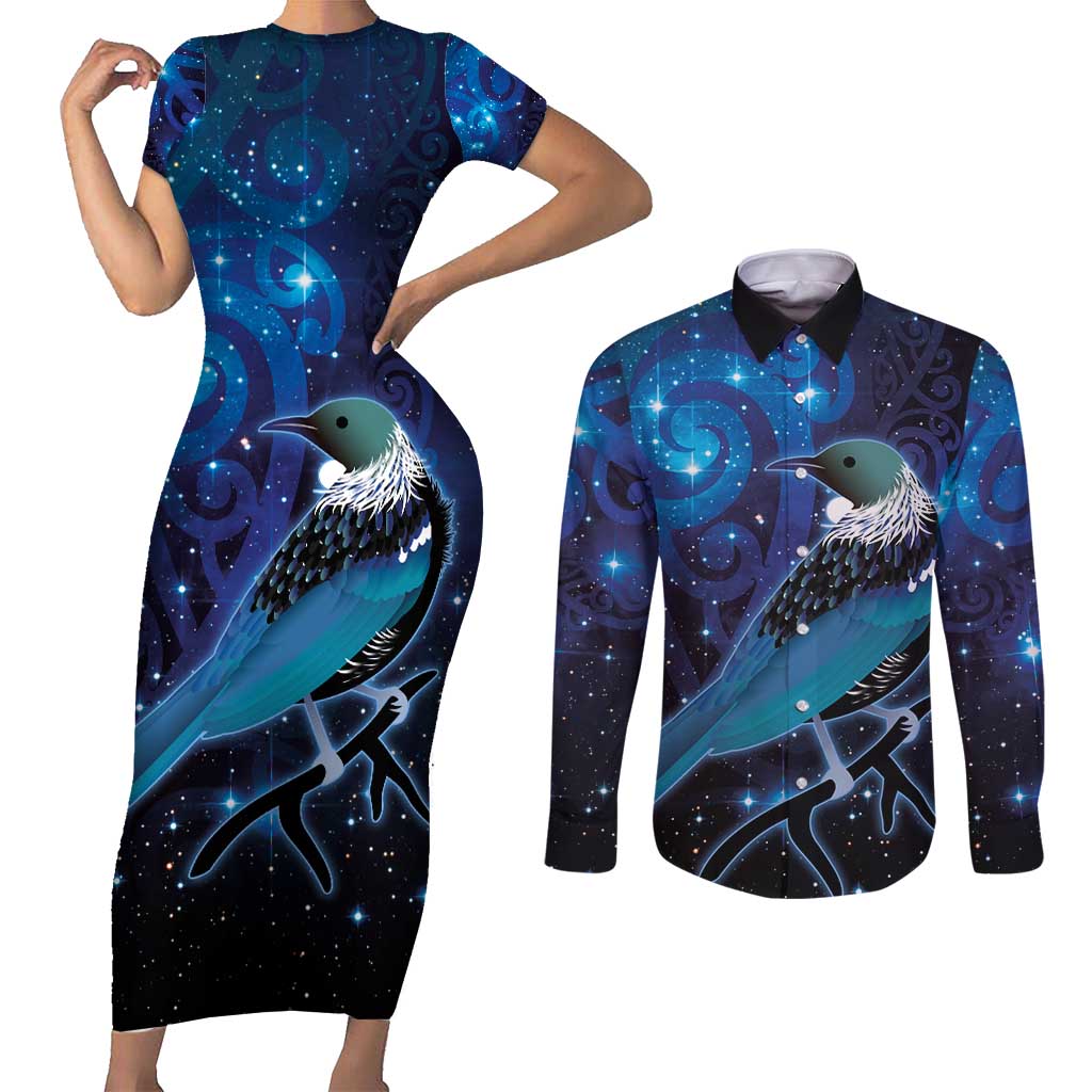 New Zealand Tui Bird Couples Matching Short Sleeve Bodycon Dress and Long Sleeve Button Shirt The Pleiades Star Cluster and Koru Tribal Tattoo Galaxy Vibe LT03 Blue - Polynesian Pride