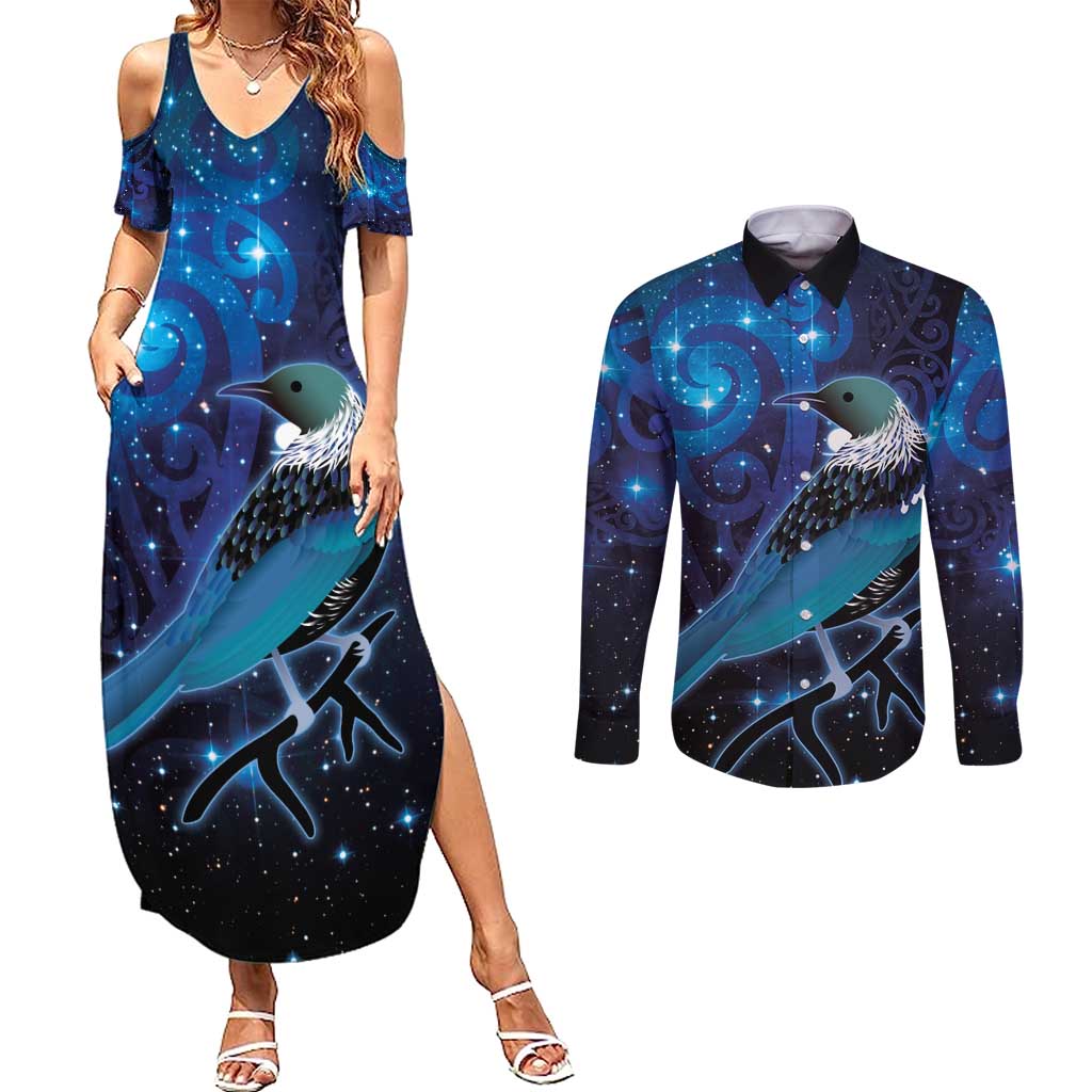 New Zealand Tui Bird Couples Matching Summer Maxi Dress and Long Sleeve Button Shirt The Pleiades Star Cluster and Koru Tribal Tattoo Galaxy Vibe LT03 Blue - Polynesian Pride
