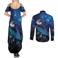 New Zealand Tui Bird Couples Matching Summer Maxi Dress and Long Sleeve Button Shirt The Pleiades Star Cluster and Koru Tribal Tattoo Galaxy Vibe LT03 - Polynesian Pride