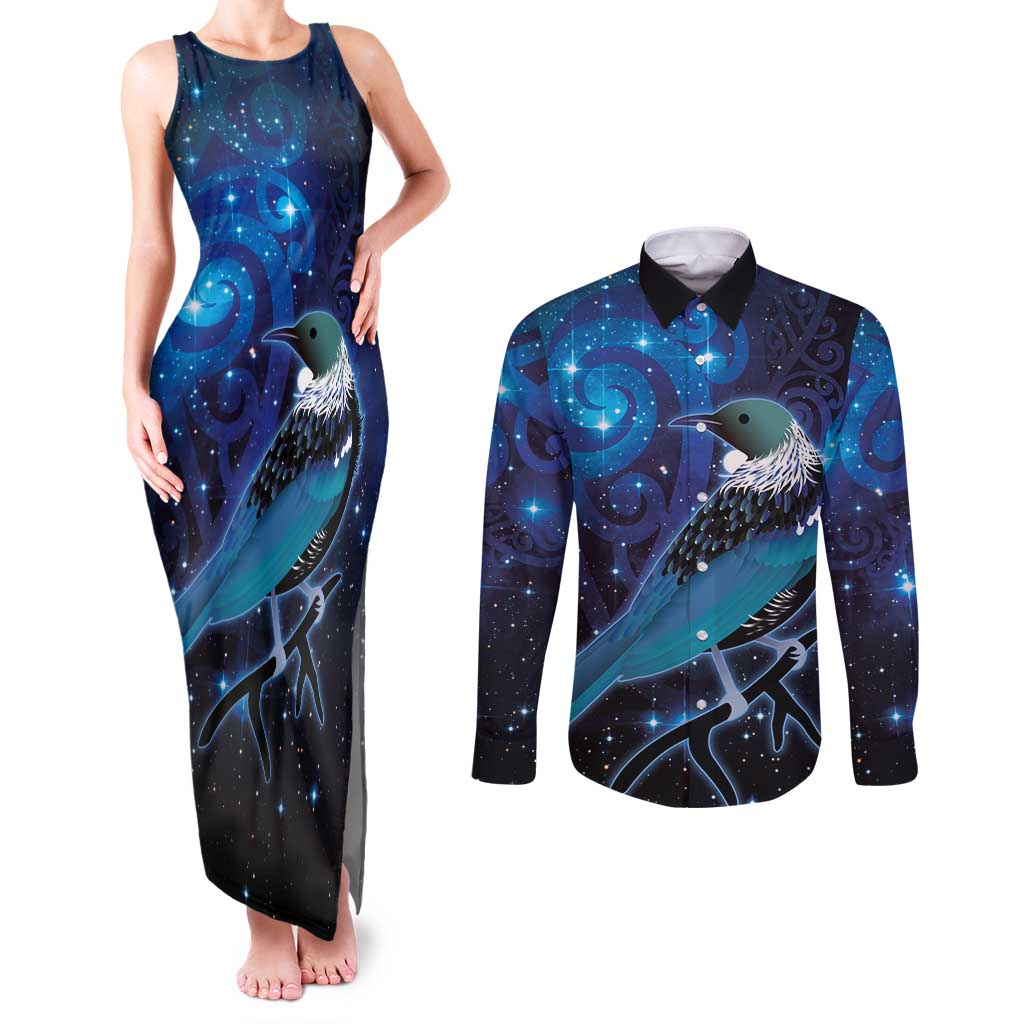 New Zealand Tui Bird Couples Matching Tank Maxi Dress and Long Sleeve Button Shirt The Pleiades Star Cluster and Koru Tribal Tattoo Galaxy Vibe LT03 Blue - Polynesian Pride
