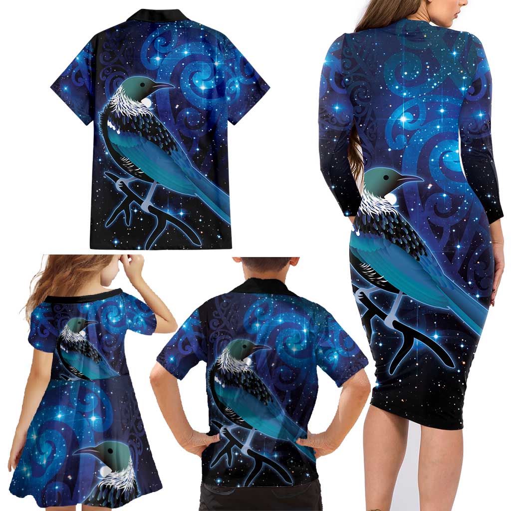 New Zealand Tui Bird Family Matching Long Sleeve Bodycon Dress and Hawaiian Shirt The Pleiades Star Cluster and Koru Tribal Tattoo Galaxy Vibe LT03 - Polynesian Pride