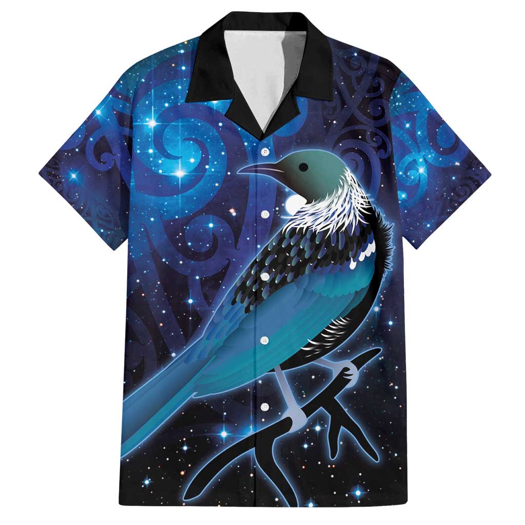 New Zealand Tui Bird Family Matching Long Sleeve Bodycon Dress and Hawaiian Shirt The Pleiades Star Cluster and Koru Tribal Tattoo Galaxy Vibe LT03 Dad's Shirt - Short Sleeve Blue - Polynesian Pride