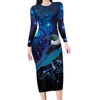 New Zealand Tui Bird Family Matching Long Sleeve Bodycon Dress and Hawaiian Shirt The Pleiades Star Cluster and Koru Tribal Tattoo Galaxy Vibe LT03 Mom's Dress Blue - Polynesian Pride
