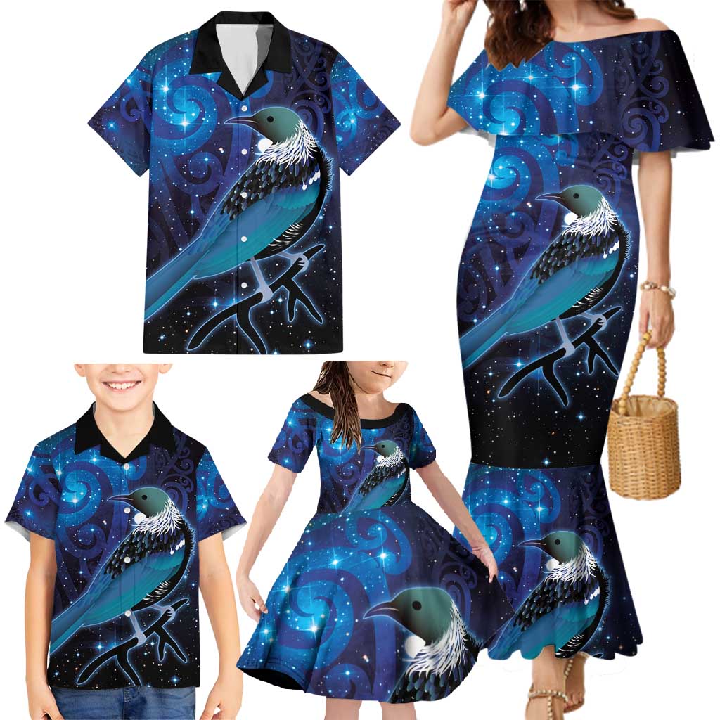 New Zealand Tui Bird Family Matching Mermaid Dress and Hawaiian Shirt The Pleiades Star Cluster and Koru Tribal Tattoo Galaxy Vibe LT03 - Polynesian Pride