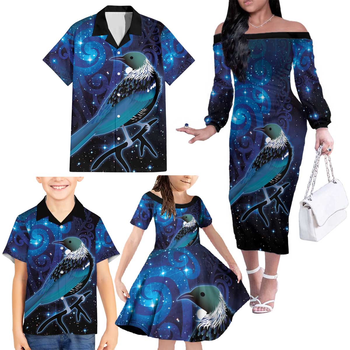 New Zealand Tui Bird Family Matching Off The Shoulder Long Sleeve Dress and Hawaiian Shirt The Pleiades Star Cluster and Koru Tribal Tattoo Galaxy Vibe LT03 - Polynesian Pride