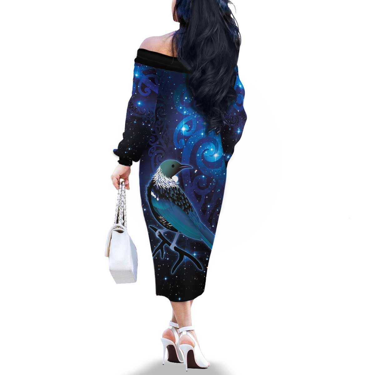 New Zealand Tui Bird Family Matching Off The Shoulder Long Sleeve Dress and Hawaiian Shirt The Pleiades Star Cluster and Koru Tribal Tattoo Galaxy Vibe LT03 - Polynesian Pride