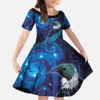 New Zealand Tui Bird Family Matching Off Shoulder Maxi Dress and Hawaiian Shirt The Pleiades Star Cluster and Koru Tribal Tattoo Galaxy Vibe LT03 Daughter's Dress Blue - Polynesian Pride