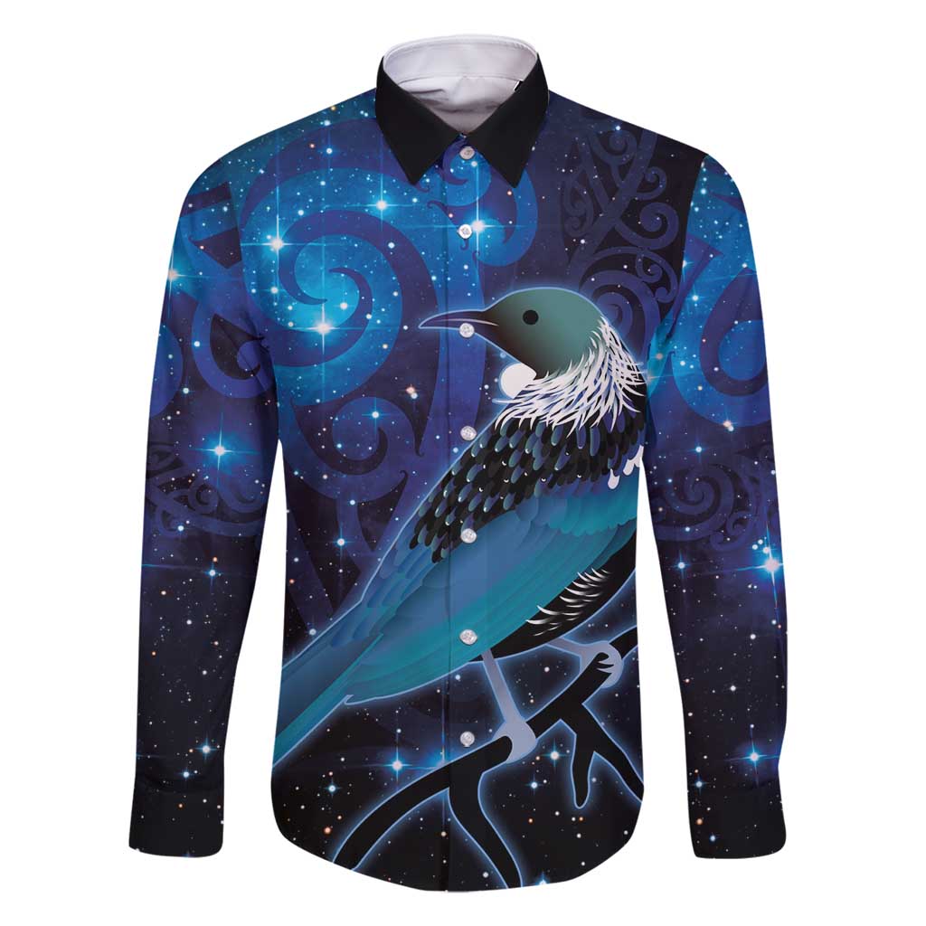 New Zealand Tui Bird Family Matching Off Shoulder Maxi Dress and Hawaiian Shirt The Pleiades Star Cluster and Koru Tribal Tattoo Galaxy Vibe LT03 Dad's Shirt - Long Sleeve Blue - Polynesian Pride
