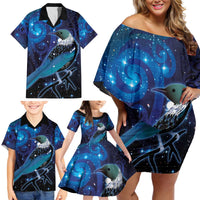 New Zealand Tui Bird Family Matching Off Shoulder Short Dress and Hawaiian Shirt The Pleiades Star Cluster and Koru Tribal Tattoo Galaxy Vibe LT03 - Polynesian Pride