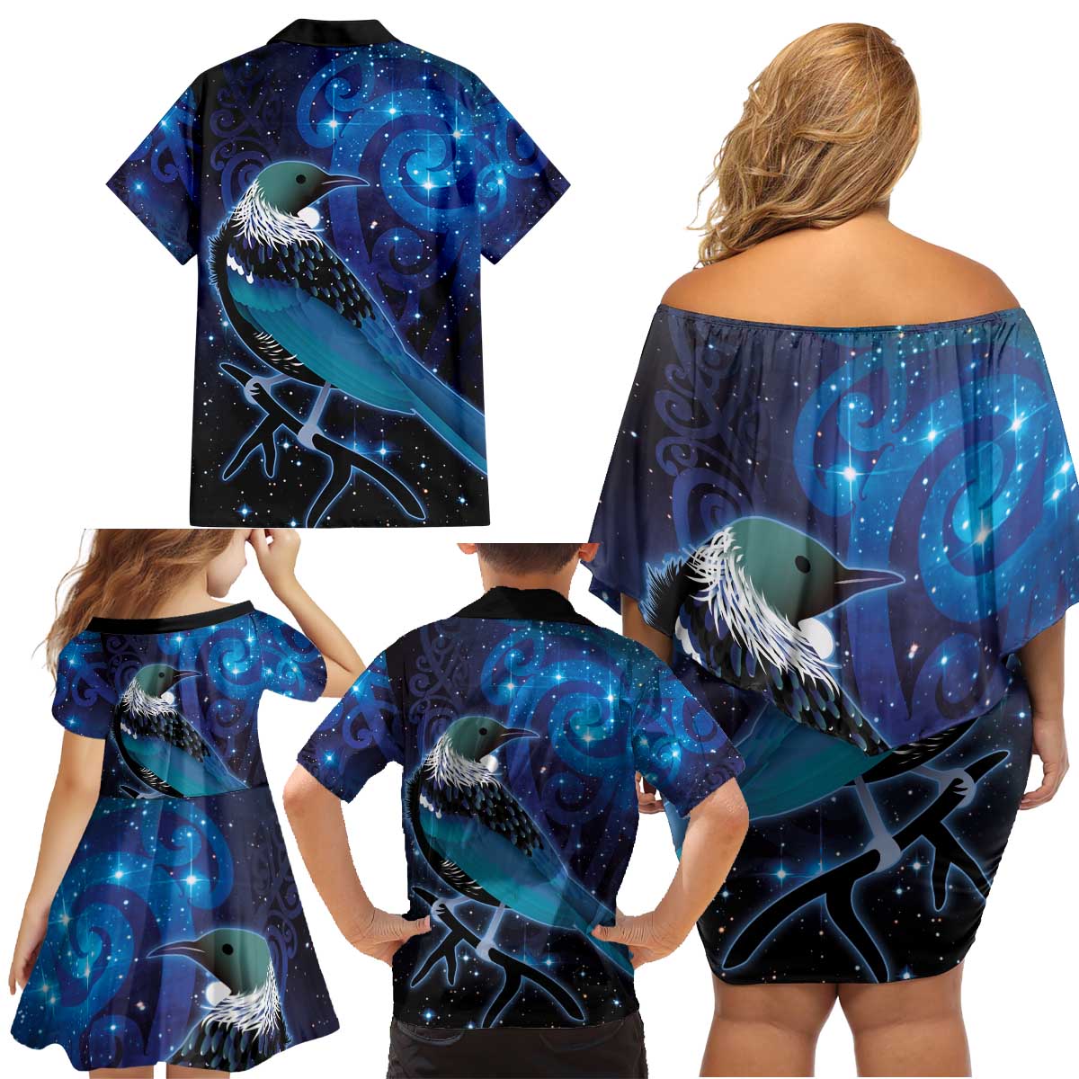 New Zealand Tui Bird Family Matching Off Shoulder Short Dress and Hawaiian Shirt The Pleiades Star Cluster and Koru Tribal Tattoo Galaxy Vibe LT03 - Polynesian Pride