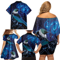 New Zealand Tui Bird Family Matching Off Shoulder Short Dress and Hawaiian Shirt The Pleiades Star Cluster and Koru Tribal Tattoo Galaxy Vibe LT03 - Polynesian Pride