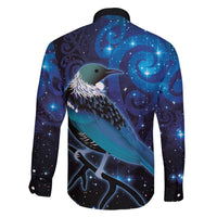 New Zealand Tui Bird Family Matching Off Shoulder Short Dress and Hawaiian Shirt The Pleiades Star Cluster and Koru Tribal Tattoo Galaxy Vibe LT03 - Polynesian Pride