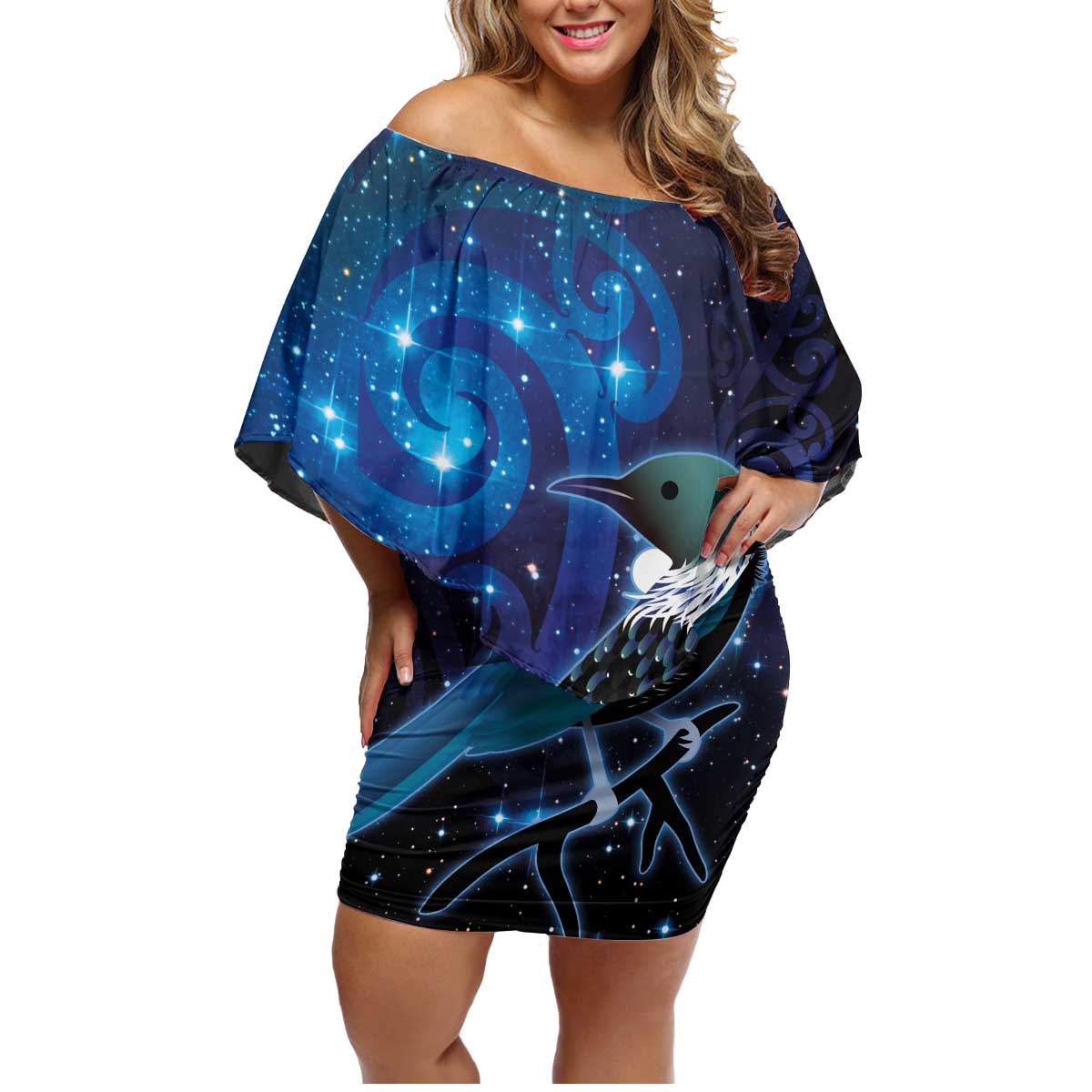 New Zealand Tui Bird Family Matching Off Shoulder Short Dress and Hawaiian Shirt The Pleiades Star Cluster and Koru Tribal Tattoo Galaxy Vibe LT03 Mom's Dress Blue - Polynesian Pride