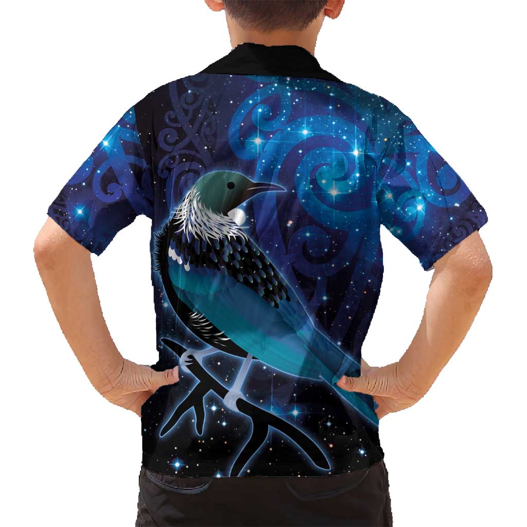 New Zealand Tui Bird Family Matching Puletasi and Hawaiian Shirt The Pleiades Star Cluster and Koru Tribal Tattoo Galaxy Vibe LT03 - Polynesian Pride