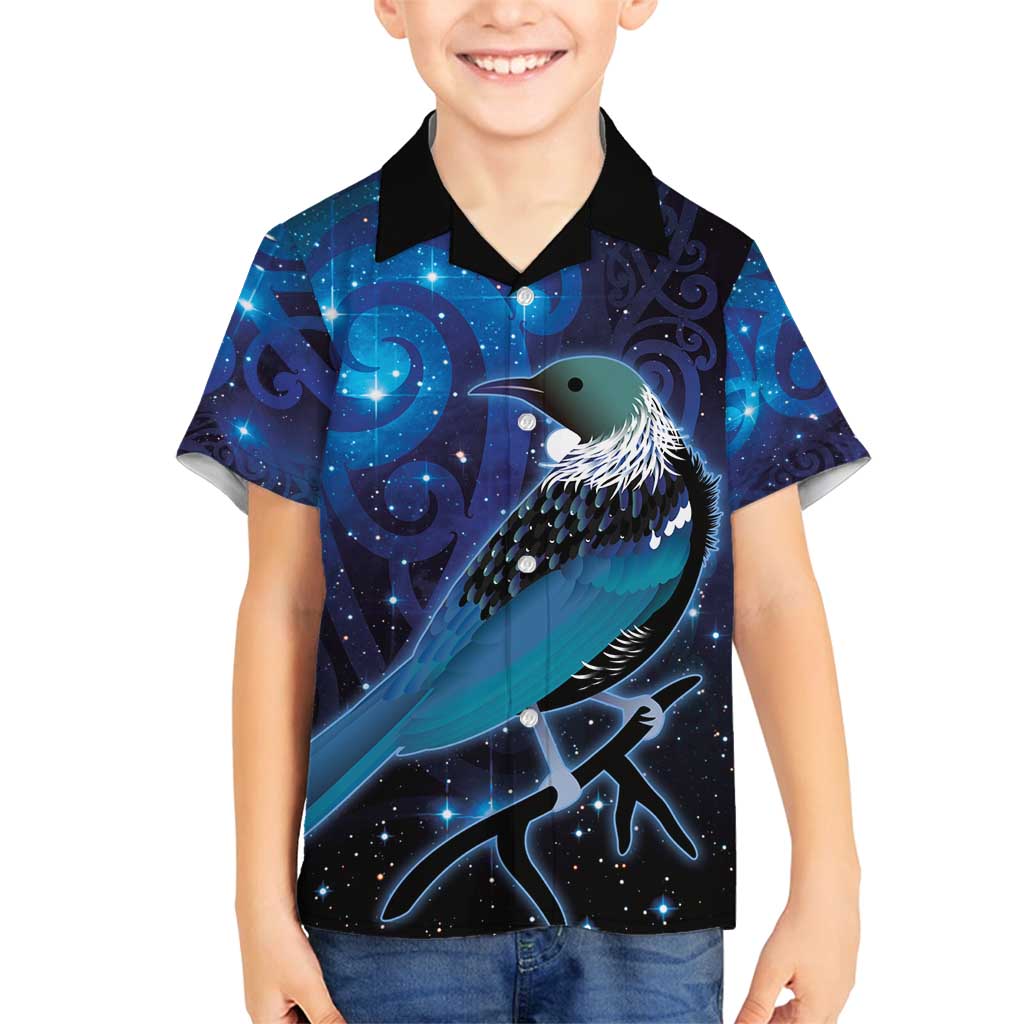 New Zealand Tui Bird Family Matching Puletasi and Hawaiian Shirt The Pleiades Star Cluster and Koru Tribal Tattoo Galaxy Vibe LT03 Son's Shirt Blue - Polynesian Pride