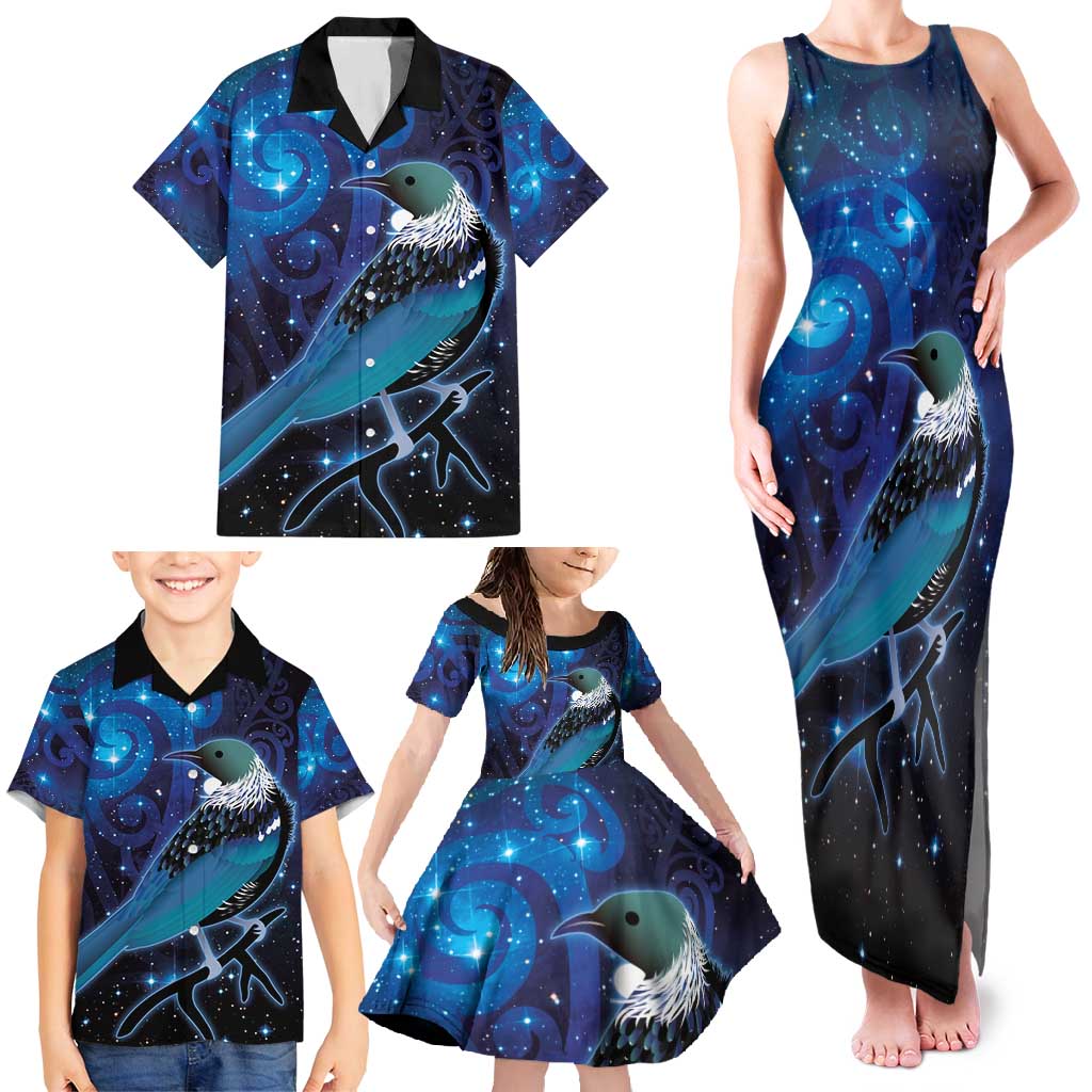 New Zealand Tui Bird Family Matching Tank Maxi Dress and Hawaiian Shirt The Pleiades Star Cluster and Koru Tribal Tattoo Galaxy Vibe LT03 - Polynesian Pride