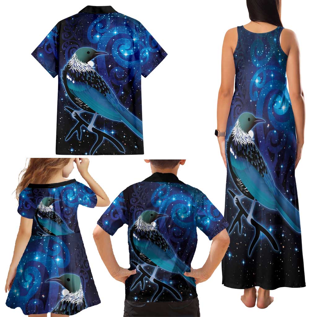 New Zealand Tui Bird Family Matching Tank Maxi Dress and Hawaiian Shirt The Pleiades Star Cluster and Koru Tribal Tattoo Galaxy Vibe LT03 - Polynesian Pride