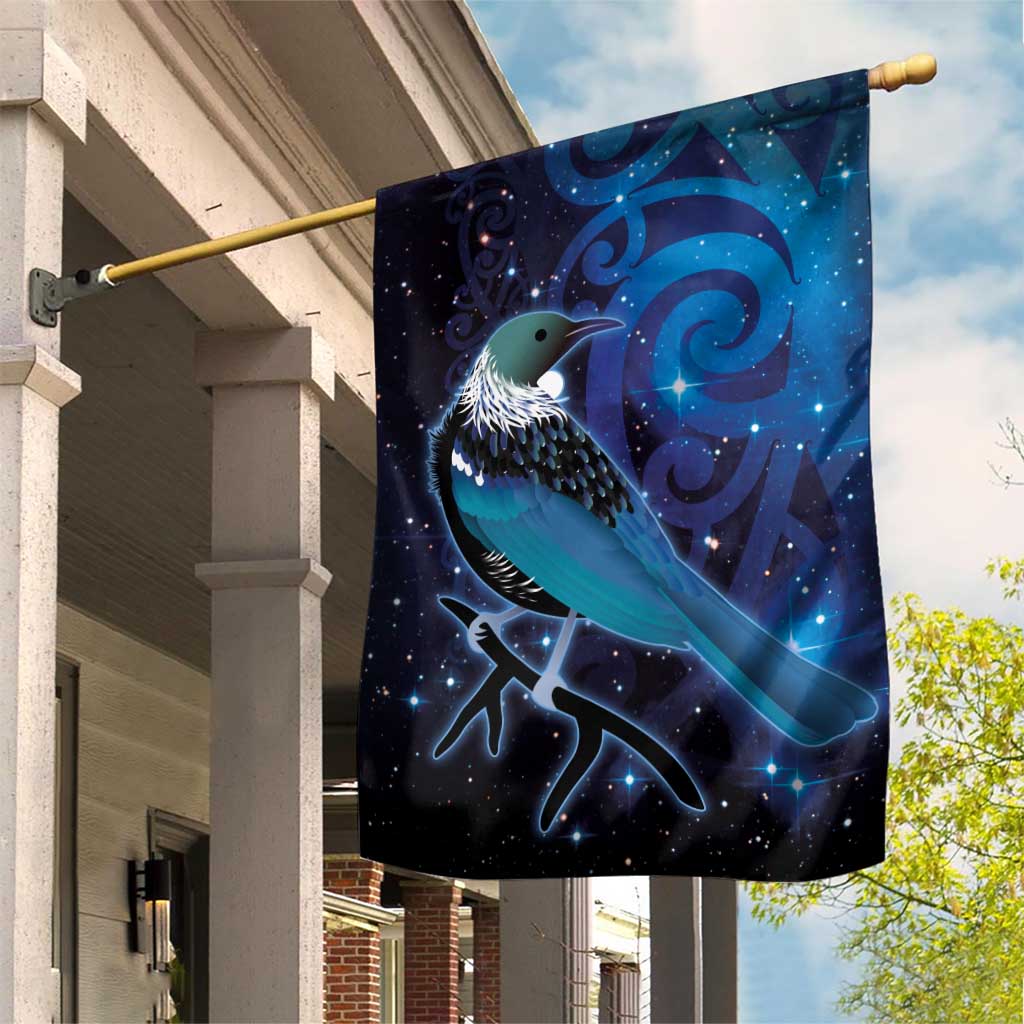 New Zealand Tui Bird Garden Flag The Pleiades Star Cluster and Koru Tribal Tattoo Galaxy Vibe LT03 House Flag Blue - Polynesian Pride
