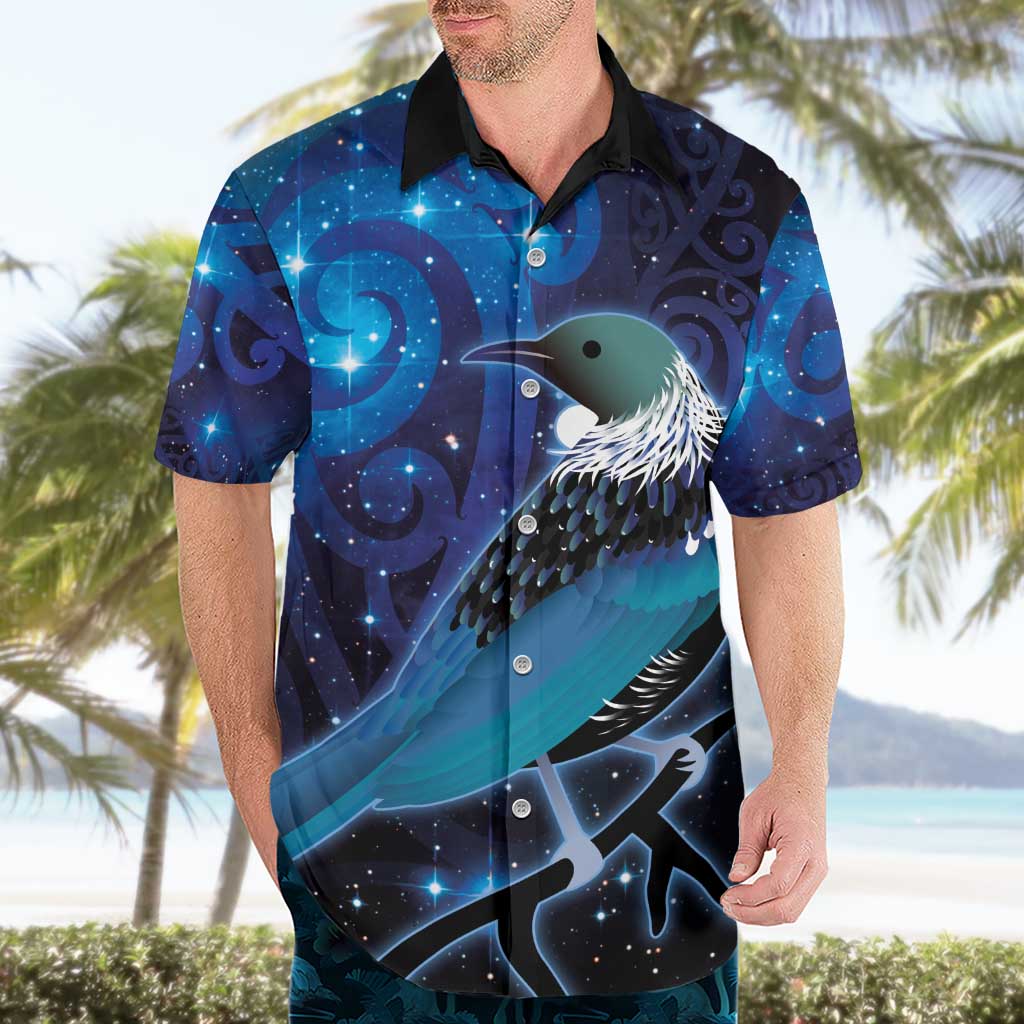 New Zealand Tui Bird Hawaiian Shirt The Pleiades Star Cluster and Koru Tribal Tattoo Galaxy Vibe LT03 - Polynesian Pride