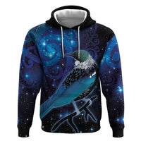 New Zealand Tui Bird Hoodie The Pleiades Star Cluster and Koru Tribal Tattoo Galaxy Vibe LT03 Pullover Hoodie Blue - Polynesian Pride