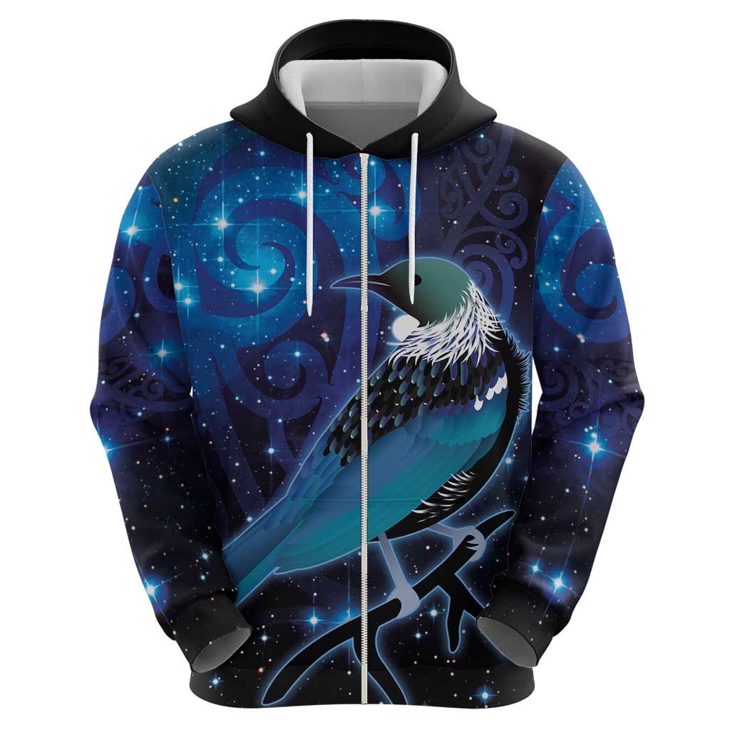 New Zealand Tui Bird Hoodie The Pleiades Star Cluster and Koru Tribal Tattoo Galaxy Vibe LT03 - Polynesian Pride