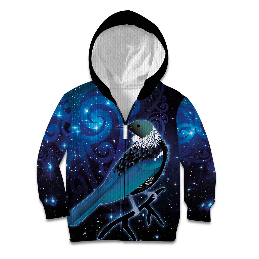 New Zealand Tui Bird Kid Hoodie The Pleiades Star Cluster and Koru Tribal Tattoo Galaxy Vibe LT03 Zip Hoodie Blue - Polynesian Pride